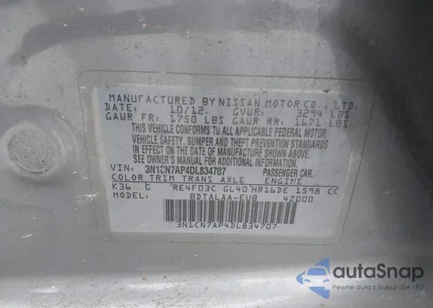 2013 Nissan Versa 1.6 S from USA, damaged, VIN 3N1CN7AP4DL834707